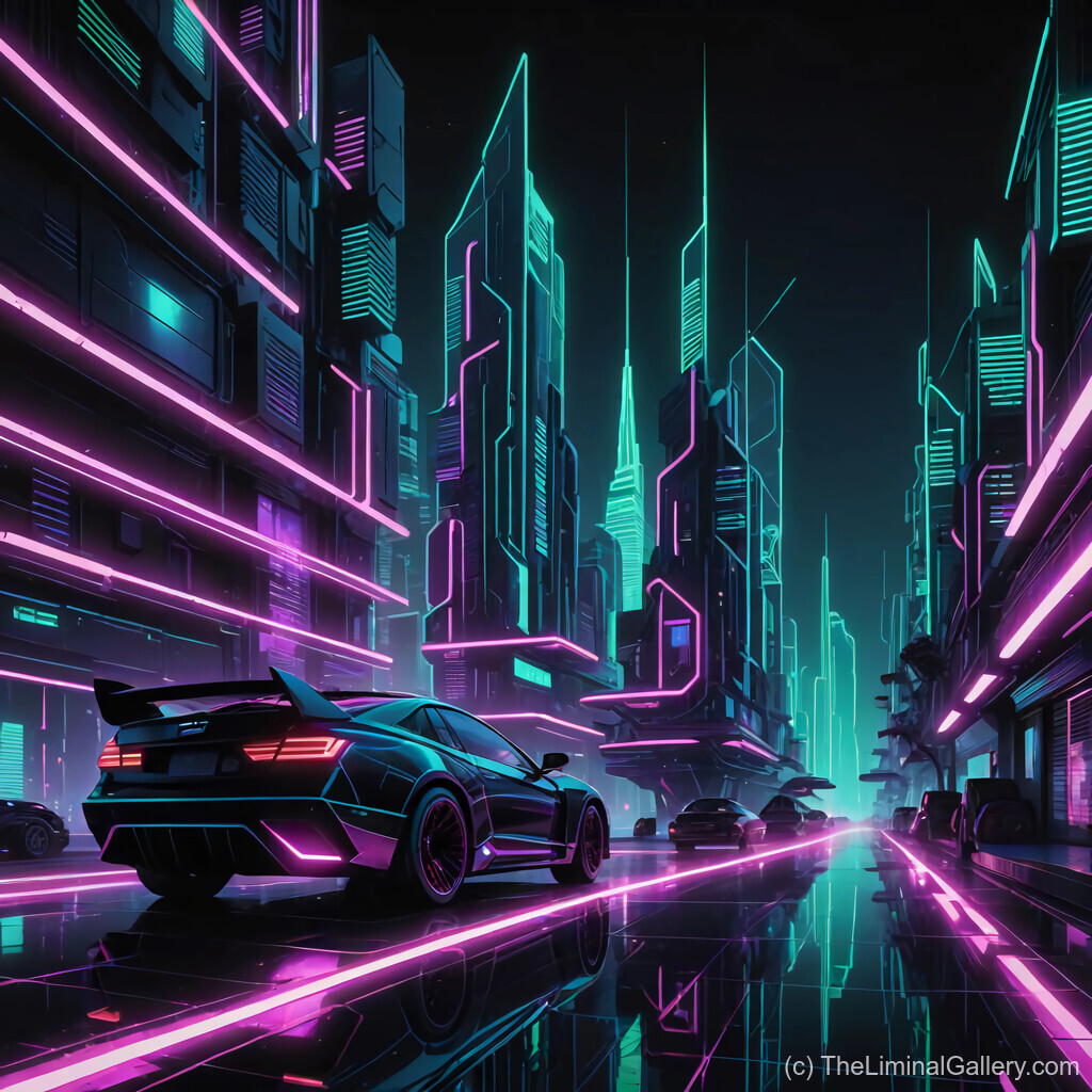 A captivating cyberpunk synthwave scene with glowing neon streets and a futuristic cityscape.